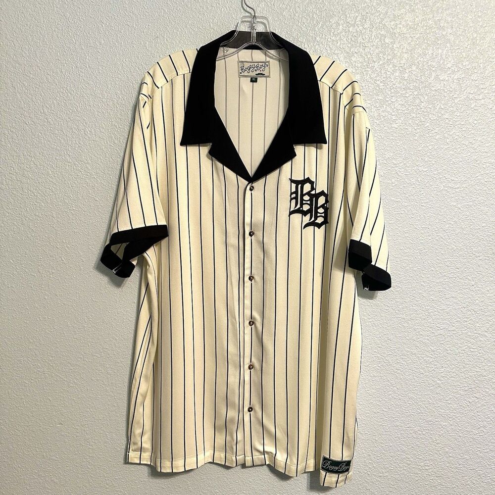 Bogey Boys Old English BB Baseball Button-Up Golf Shirt Beige/Black Stripe XL